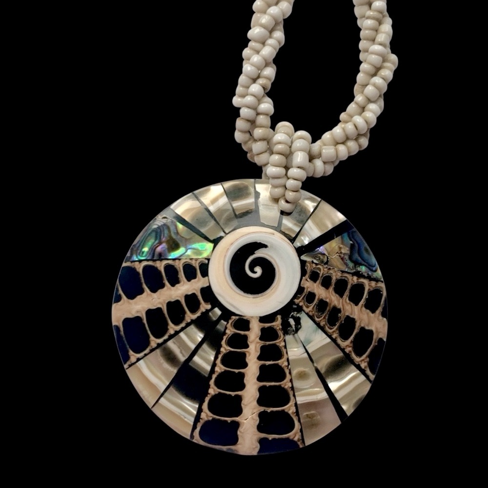 Inlaid Abalone Shell & Beaded Pendant Artisan Created Patterned Necklace